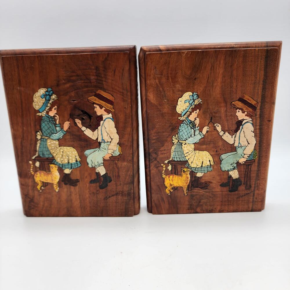 Vintage McLawhorn Wooden Bookends Hand Painted Prairie 70s Collectible Rustic